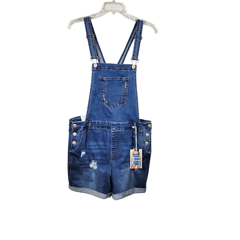 Wax Jean Womens Distressed Denim Shortalls Juniors 2XL‎ Medium Wash Bib Overalls